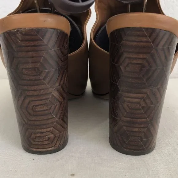 Tory Burch Slingback Shoes Saddle Leather Block Heel Peep Toe Mule Brazil Sz 7.5 - Picture 3 of 12